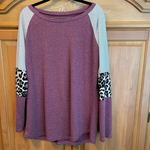 Women's Purple Long Sleeve Top with Striped and Leopard Print Sleeves